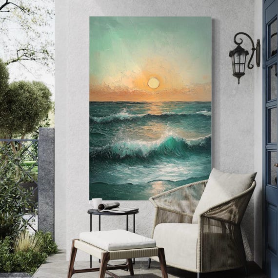 Sunset Over the Ocean Canvas Art - Seascape Wall Art Ocean Waves Art Coastal Sunset Painting Beach House Wall Decor Sunset Canvas Art Print