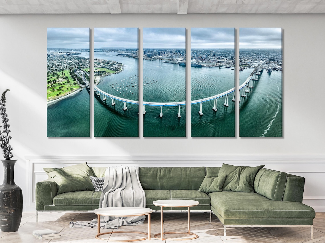 Dining room mockup with a panoramic bridge artwork on the wall above a table