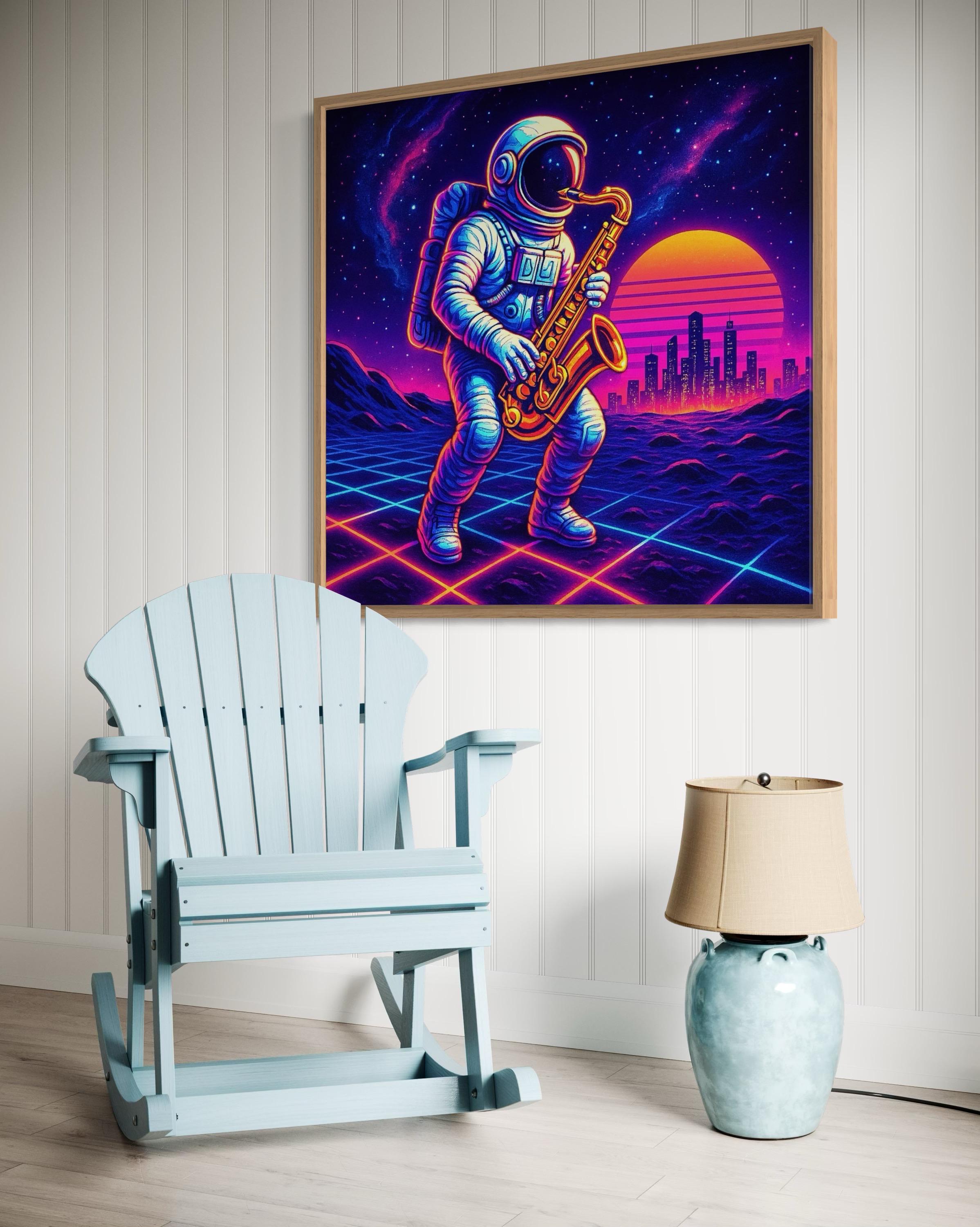 Neon astronaut saxophone artwork displayed in a modern dining room