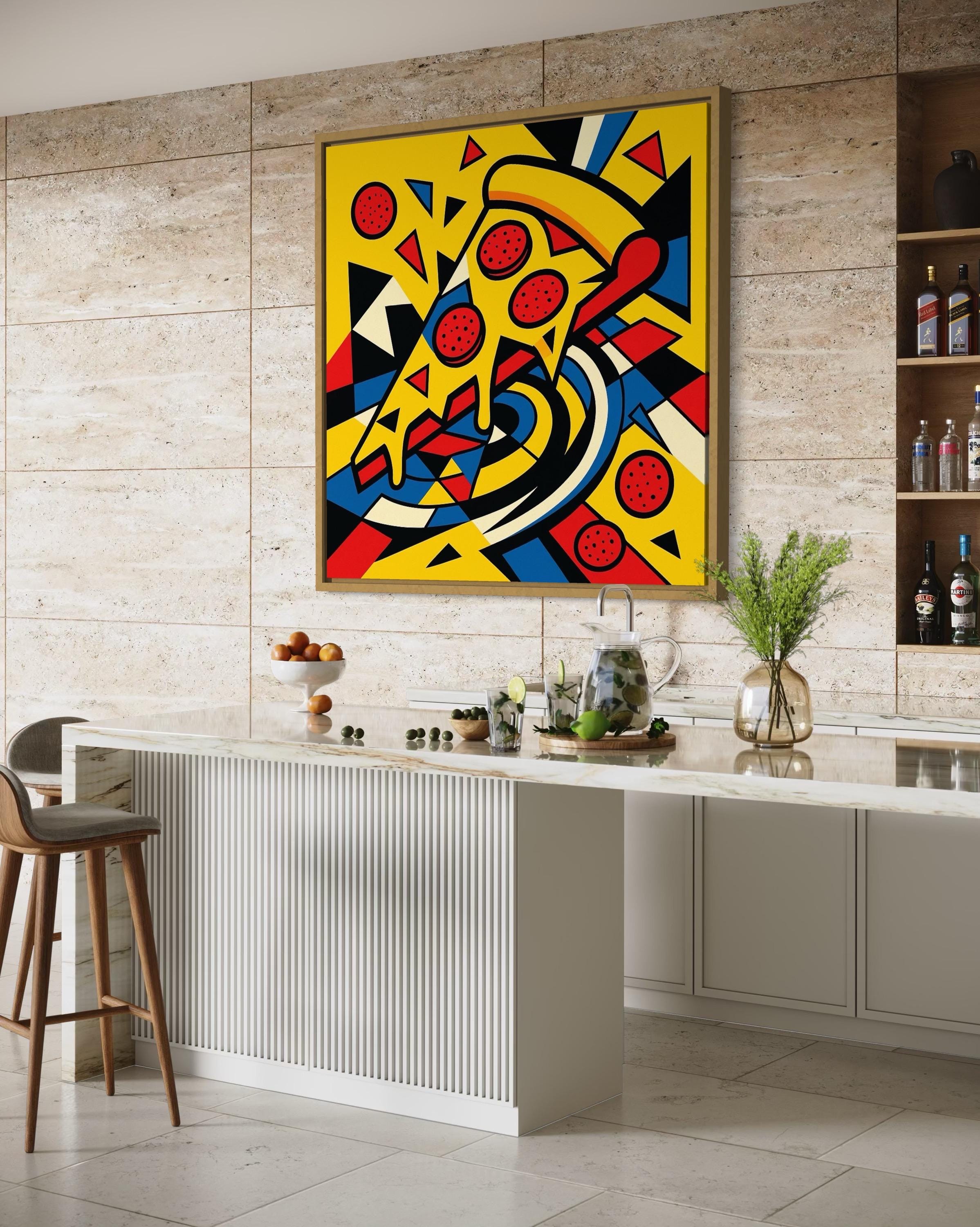 Pop art pizza slice illustration with yellow, red and blue geometric shapes and thick black outlines detail view