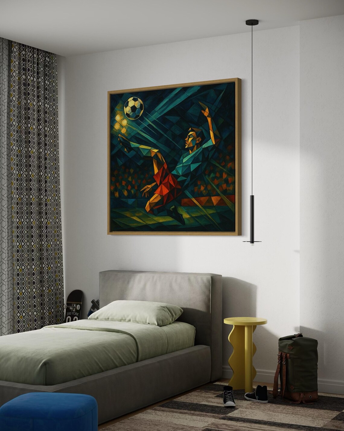 Artwork of geometric low-poly soccer scene hung on a wall above a bench and chair