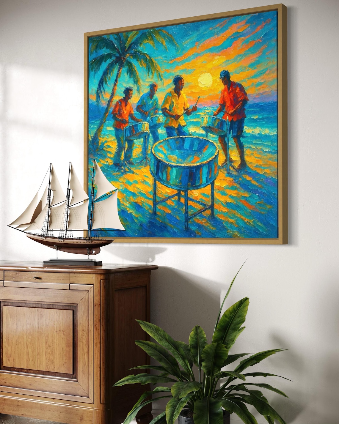 Room mockup showing a square painting of musicians playing a steel drum above a sofa