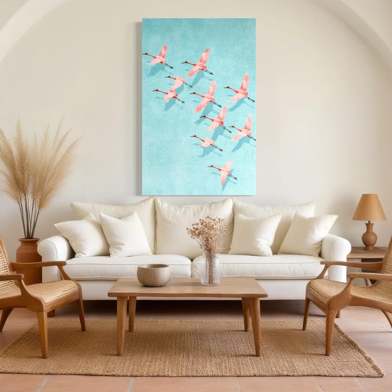 Illustration of cranes-like birds flying in a light blue sky with pink wings and faint shadows