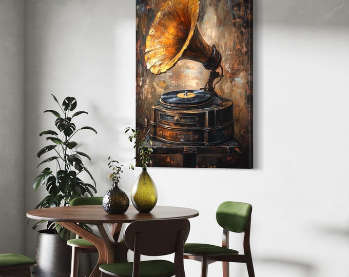 Vintage Gramophone Wall Art - Rustic Music Wall Decor, Antique Vynil Player Canvas Print, Retro Above Bed Wall Art Print, Musician Gift Idea