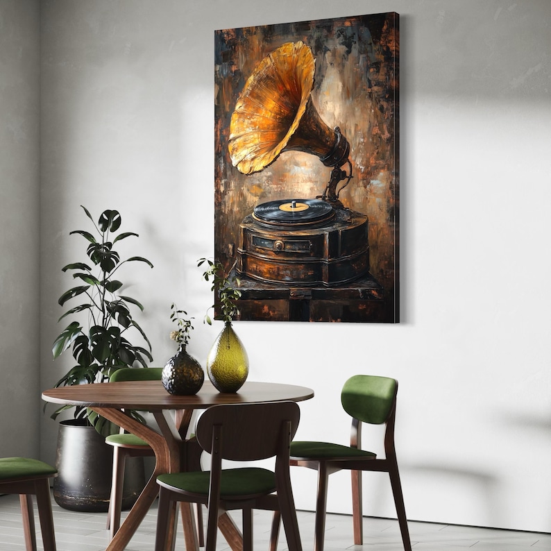 Vintage gramophone artwork with a spinning record, painted in warm gold and burnt orange on a dark textured background