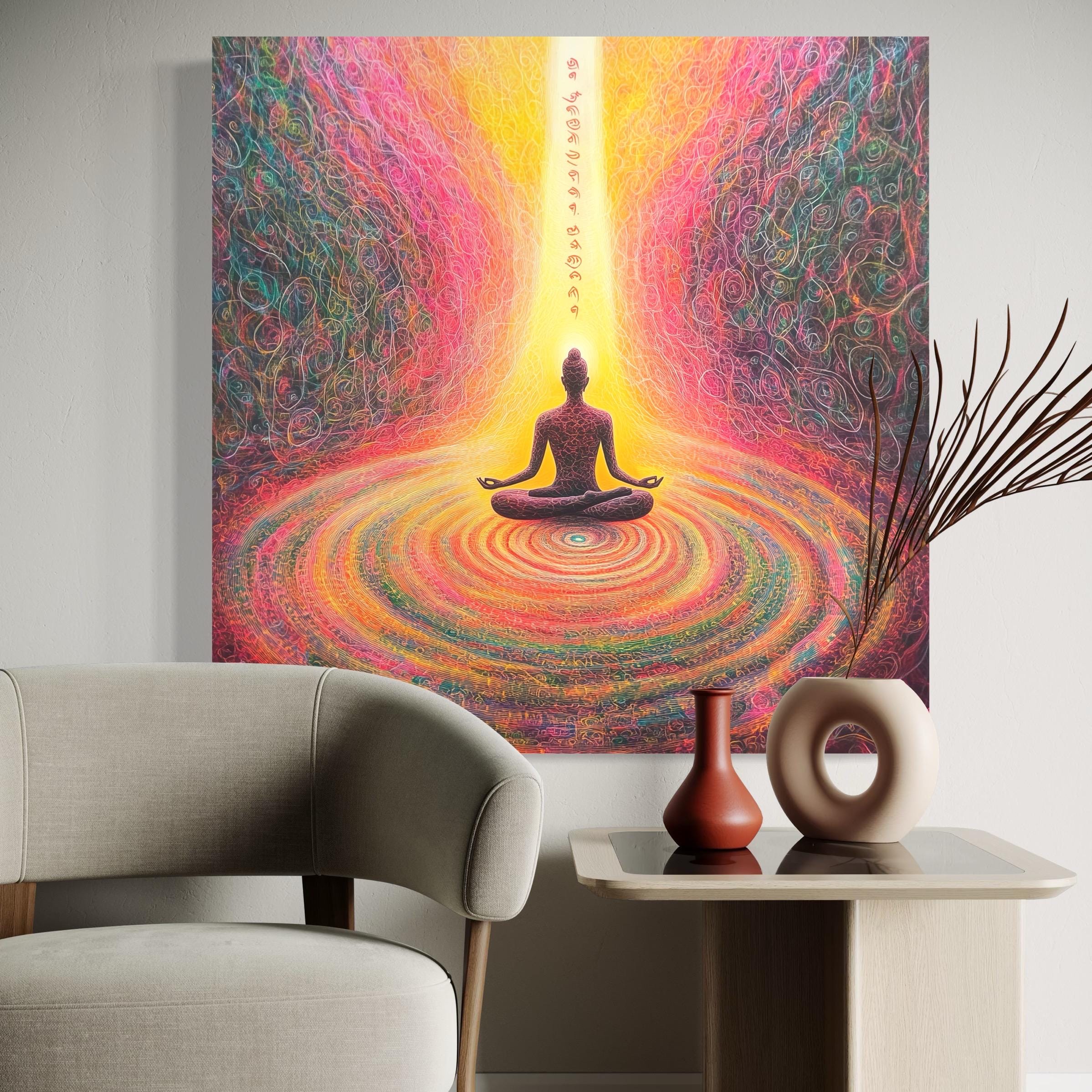 Meditation chakra energy artwork above a mantel with a pink flower vase on a console