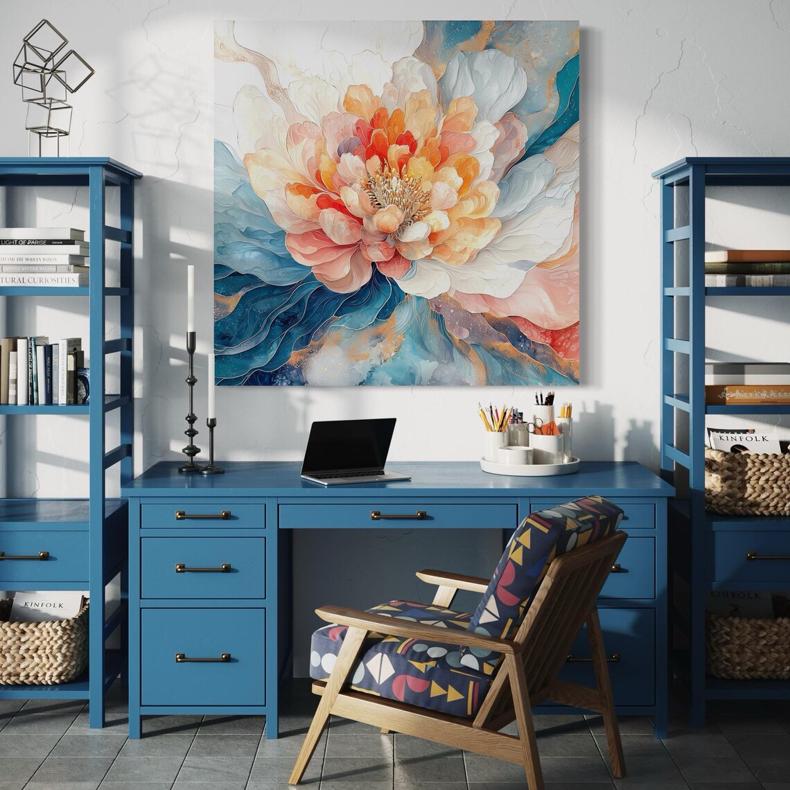 Peony-like floral painting with layered petals in cream, pink and warm orange, set against swirling blue and aqua background detail view