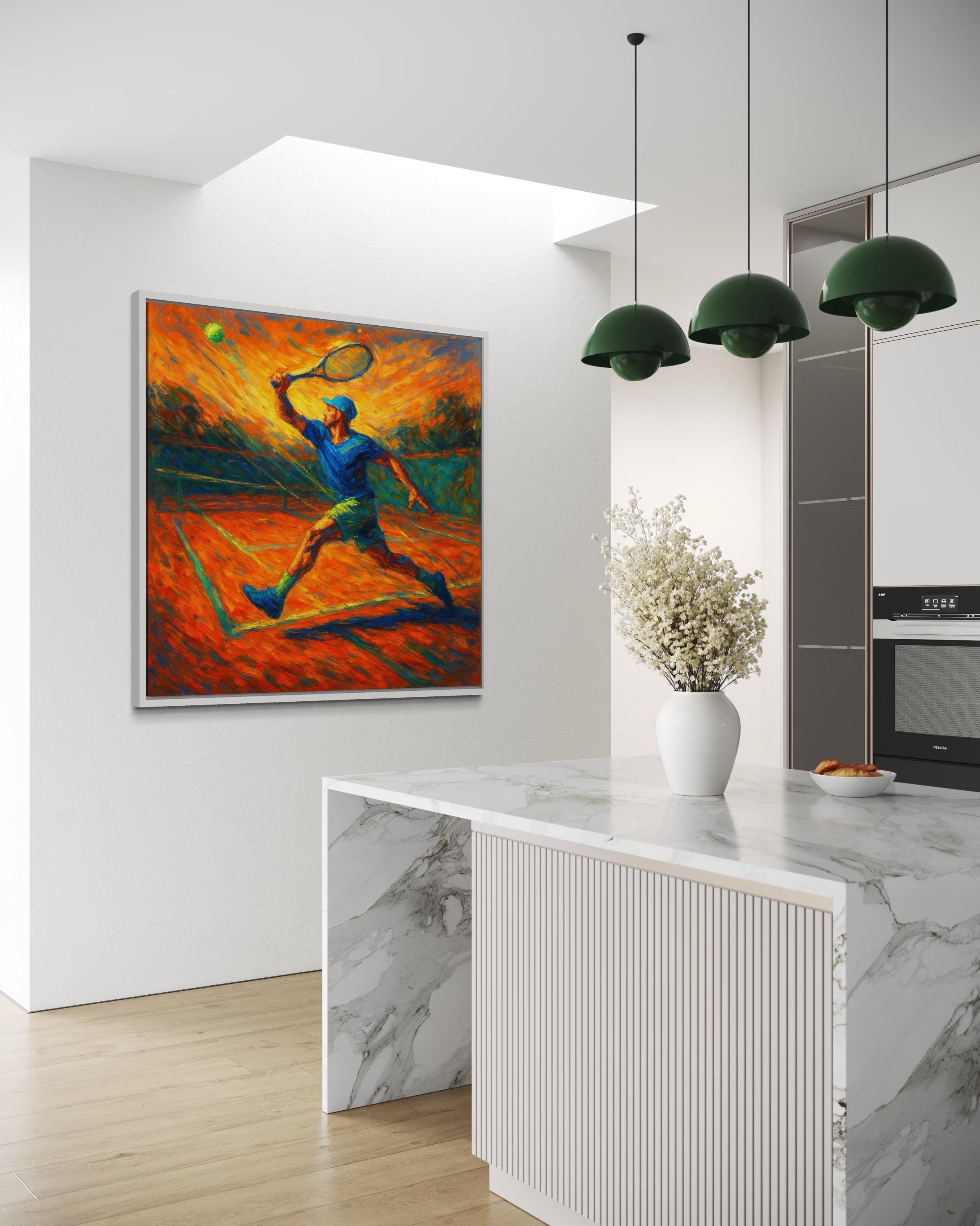 A painterly tennis player in blue is captured mid-serve on a vivid orange clay-court backdrop with dynamic strokes and green accents detail view