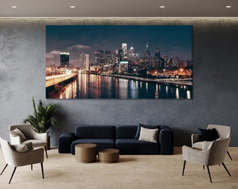 Lienzo mural con el horizonte de Filadelfia, impresión multipanel de paisaje urbano nocturno, decoración urbana del centro, arte moderno de luces de la ciudad, arte mural grande de Filadelfia