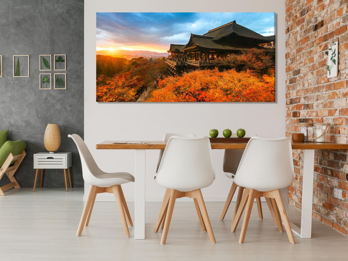 Room mockup showing a wall with a multi-panel autumn sunset temple landscape artwork