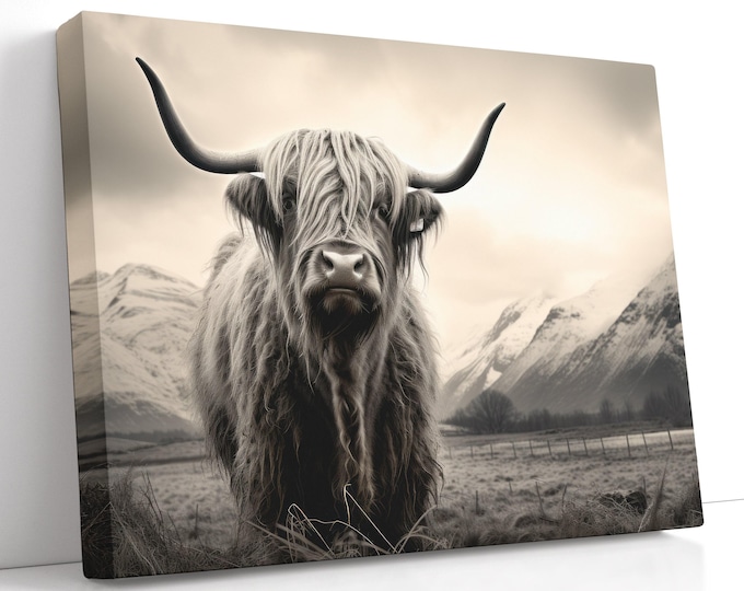 Highland Cow Canvas Art – Sepia Scottish Cattle Photo Print, Neutral Rustic Farmhouse Wall Decor for Cabin Living Room, Gift for Rancher