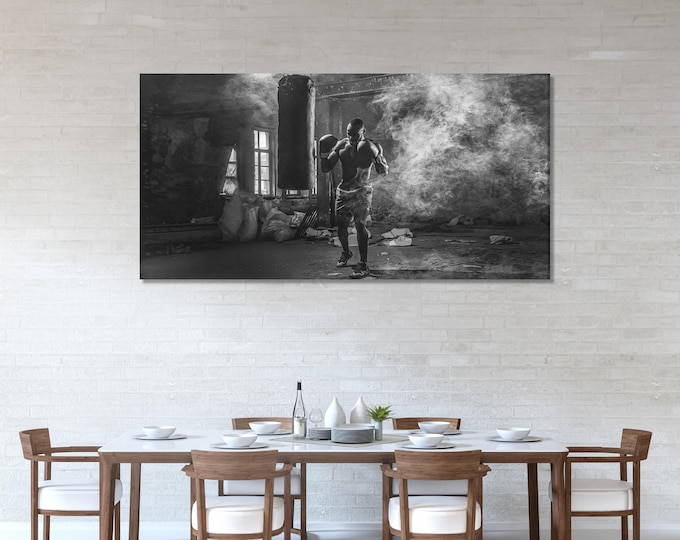 Boxing Canvas Print, Black and White Gym Art, Fighter Training Wall Decor, Intense Workout Scene, Vintage Industrial Boxing Artwork for Gym