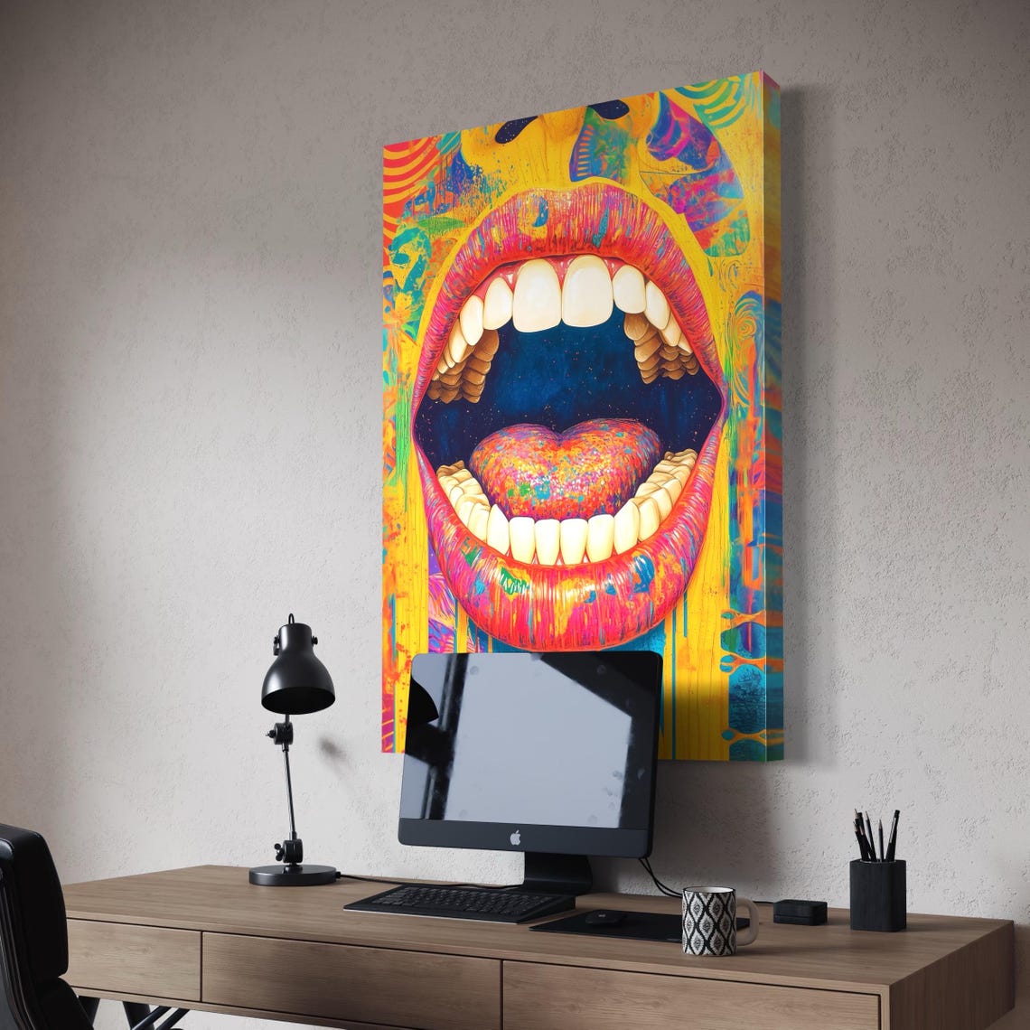 A stylised, rainbow-coloured open mouth with bright teeth frames a vivid heart-shaped tongue on a graffiti-like background detail view