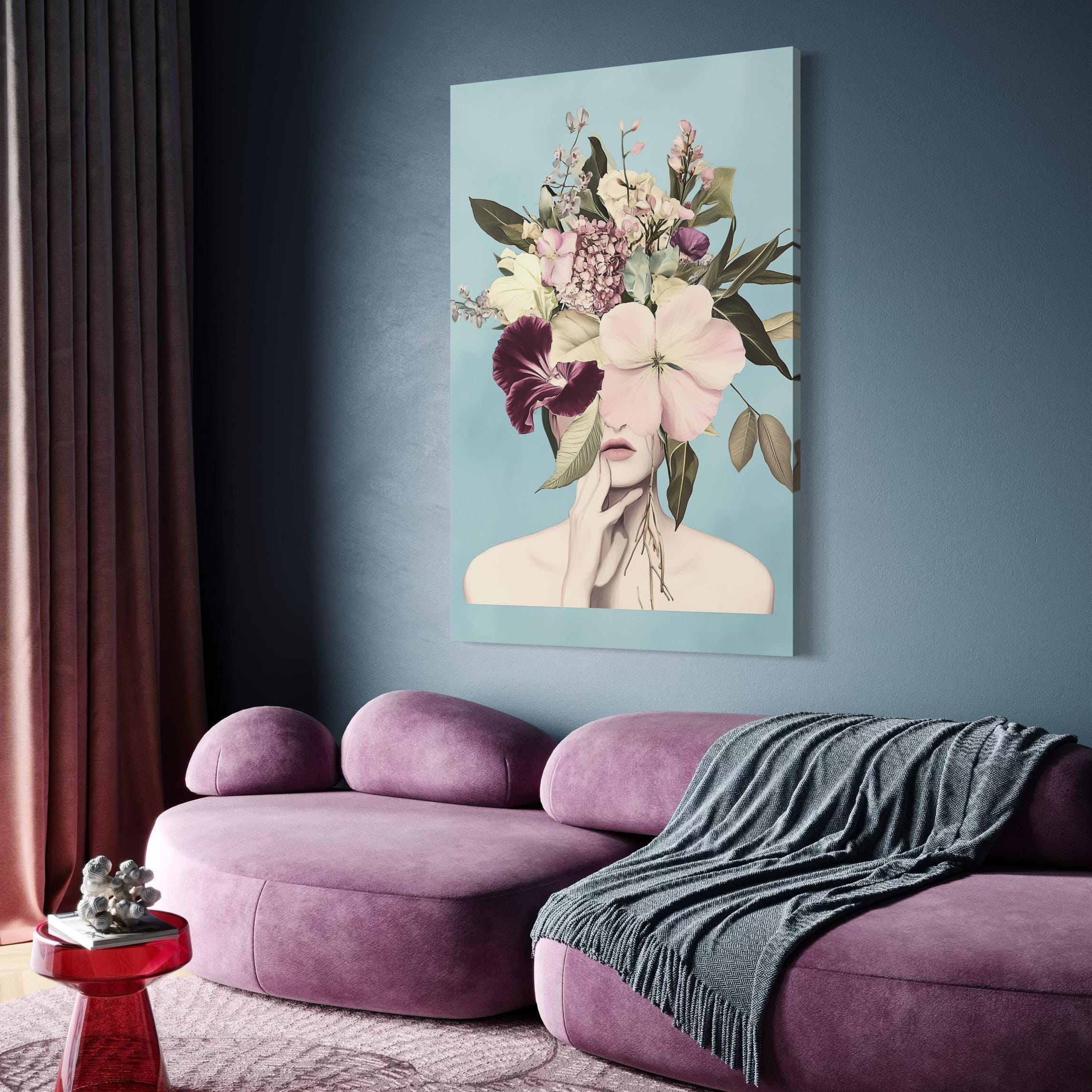 Artwork of a pastel floral woman portrait displayed above a sofa in a living room mockup