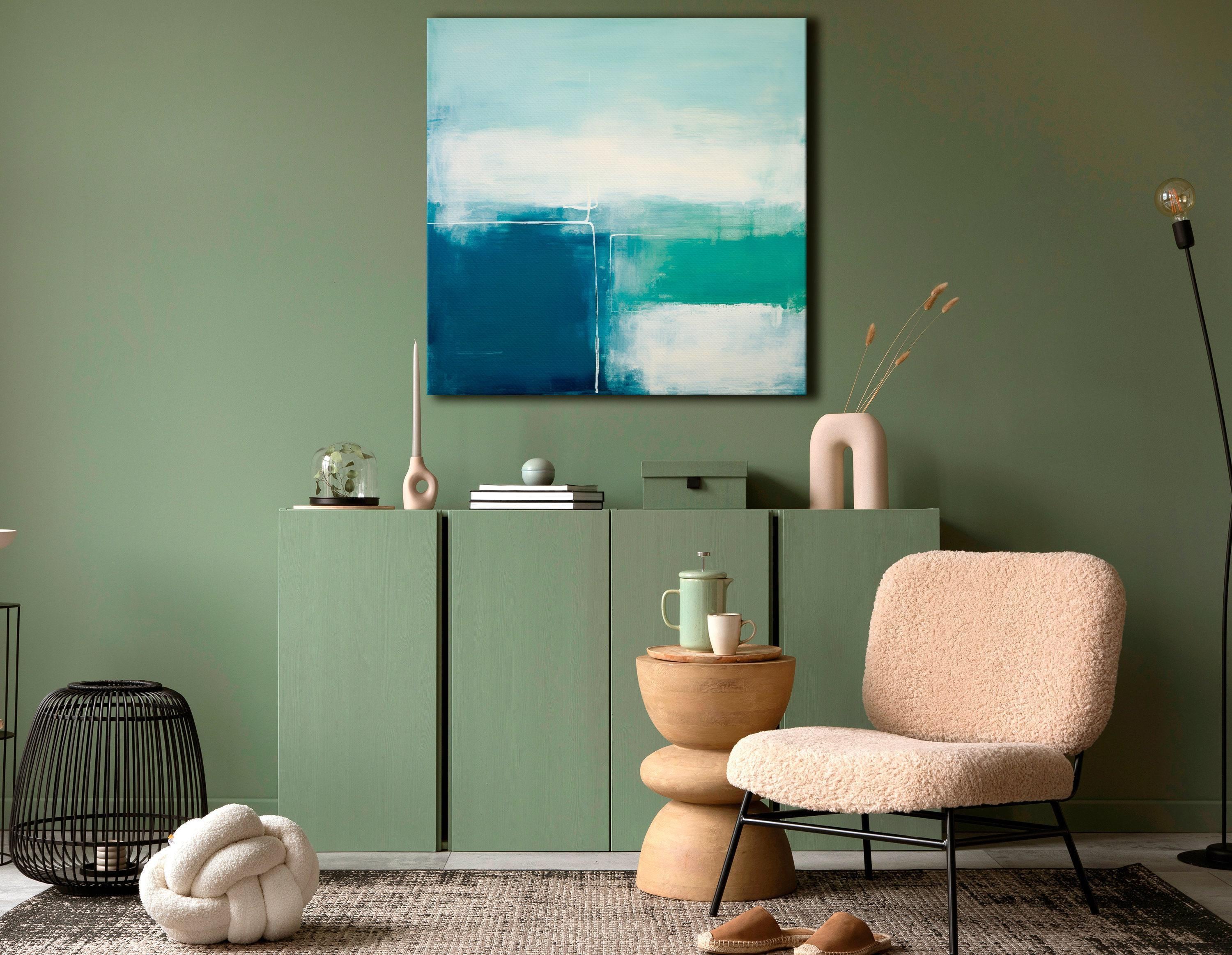 Teal and seafoam abstract artwork with faint geometric linework detail view