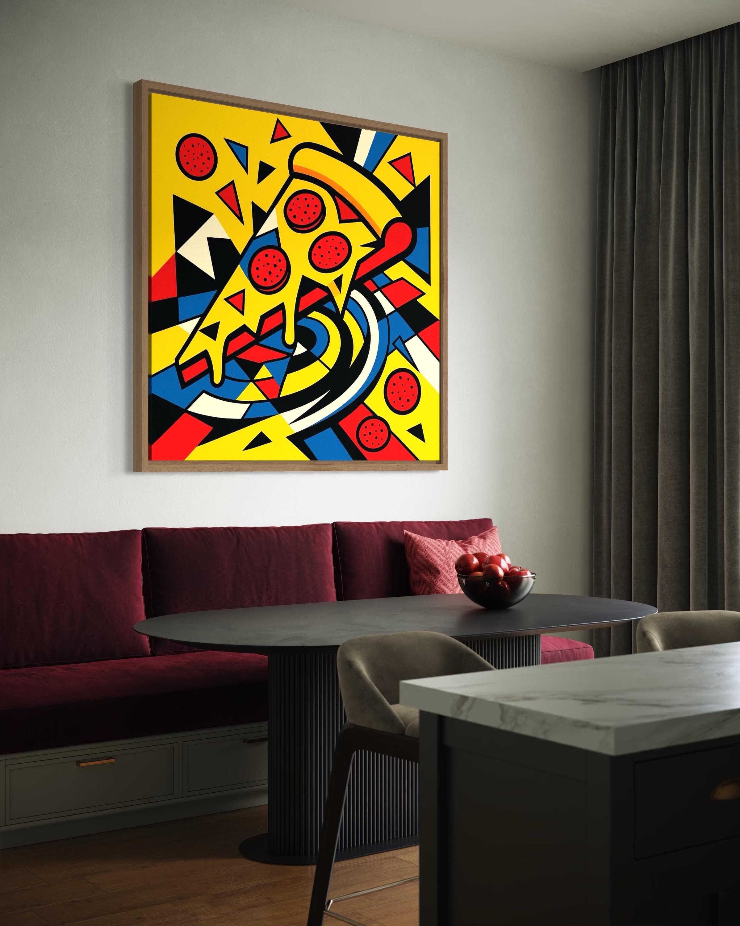 Pop art pizza slice illustration with yellow, red and blue geometric shapes and thick black outlines detail view