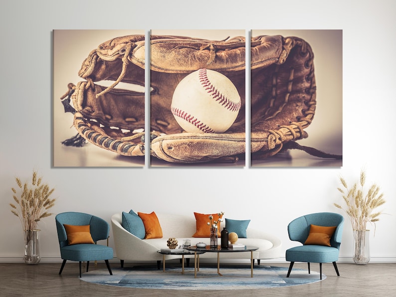 A sepia, vintage-style three-panel baseball scene shows a glove and ball resting on a bat-like object, with warm beige backgrounds and red stitching