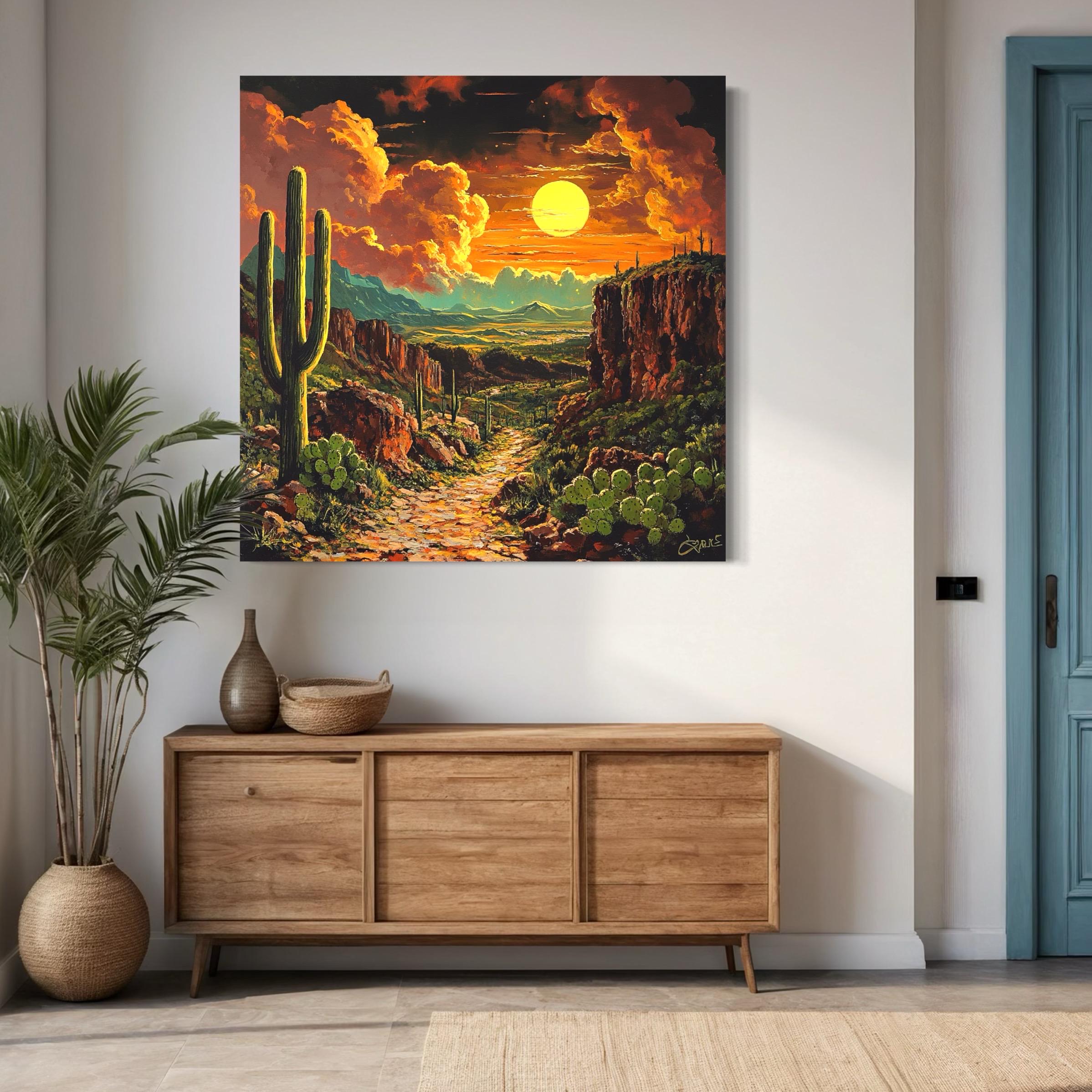 Desert sunset landscape wall art above a bed in a bright room