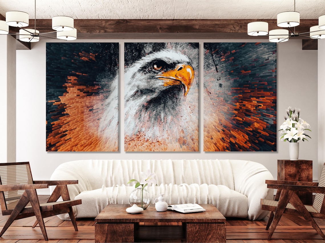 A pixelated eagle head fills the centre, rendered in white and grey with a vivid orange beak, set against a dark brick-like mosaic burst background