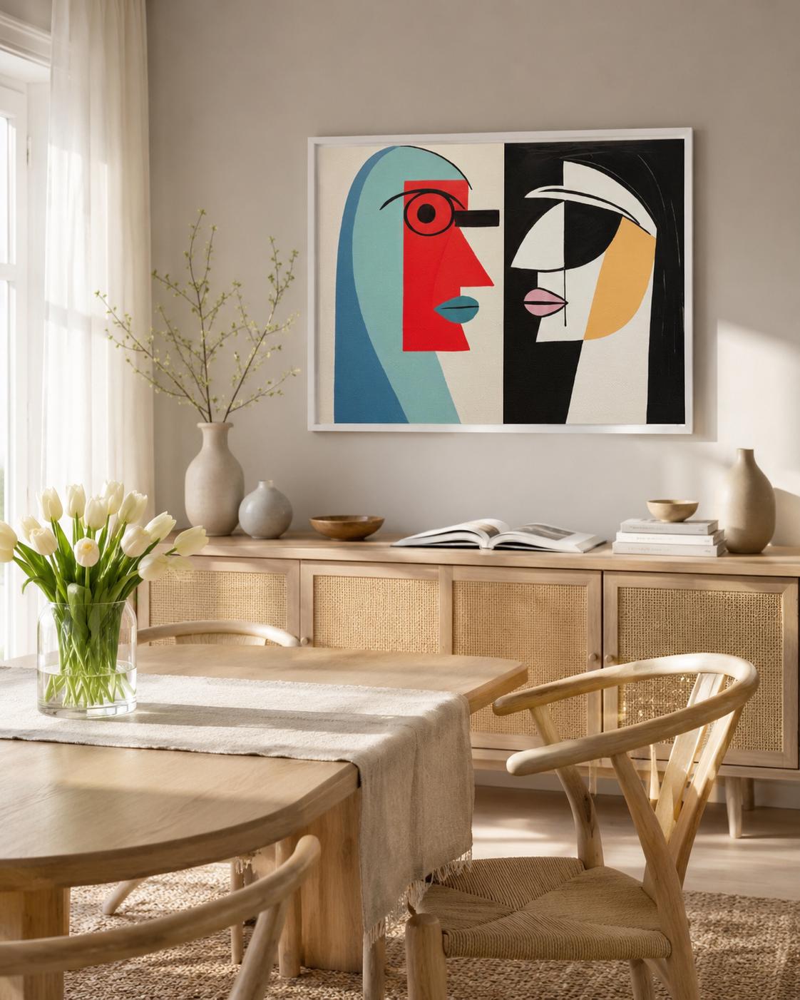 A geometric, cubist-style couple of abstract faces sits within a two-panel composition, using bold red, teal, black and white with warm ochre accents