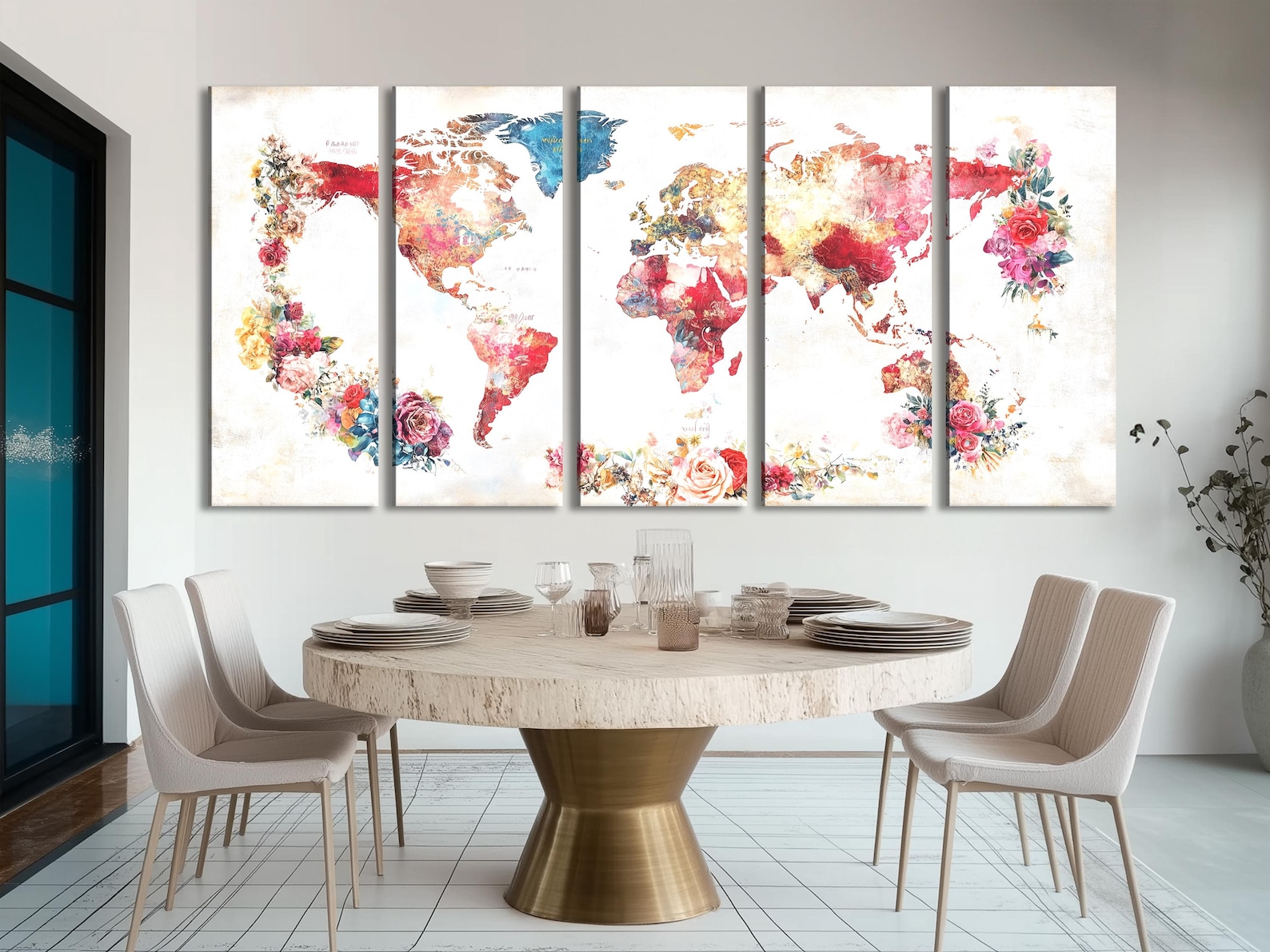 Colorful Floral World Map Canvas Painting Abstract Watercolor Map Wall ...