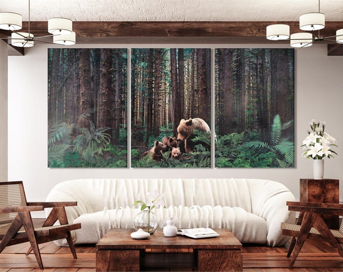 Bear Wall Art - Wildlife Canvas Art 3-Panel Woodland Wildlife Print, Rustic Farmhouse Decor, Country Home Woodland-Inspired Wall Art Print