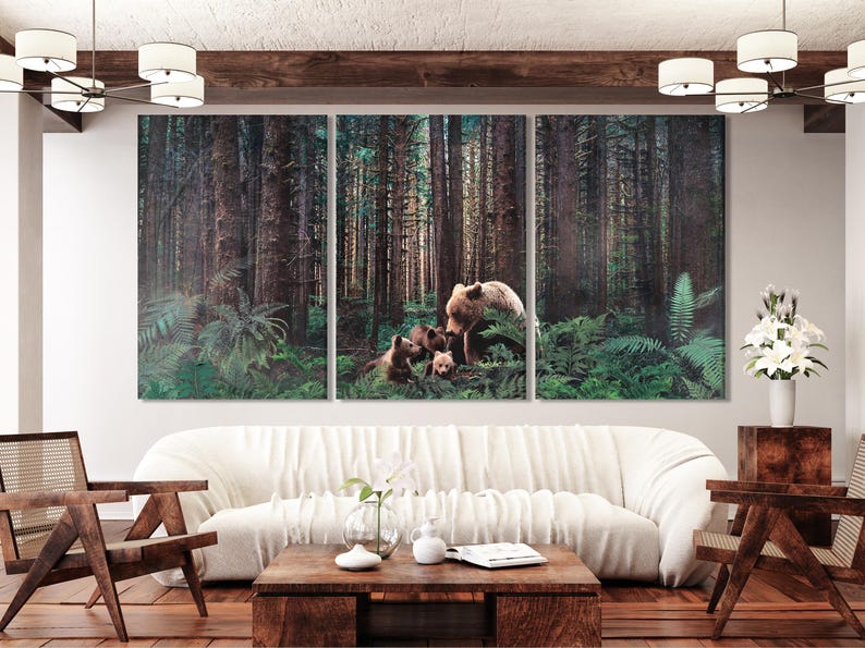 Three-panel woodland artwork showing a bear family among tall trees and ferns
