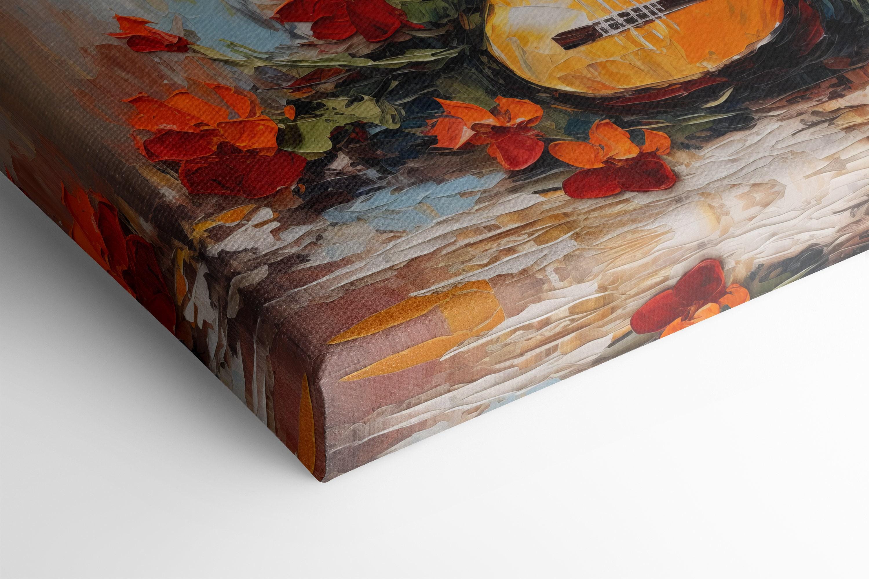 A textured guitar illustration is surrounded by vivid red orange flowers and green leaves on a light, painterly background with layered impasto marks