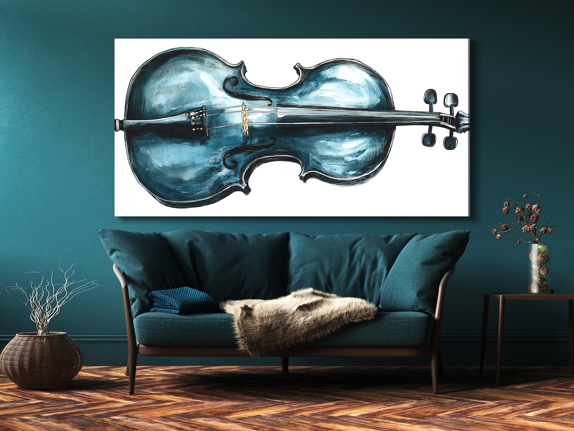 Blue violin illustration on a white background with dark outlines and painterly shading detail view
