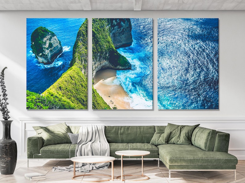 Three-panel seascape triptych with turquoise ocean water, green cliffs, and a sandy cove with foamy waves