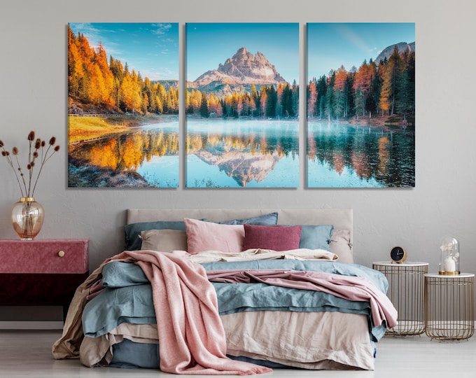 Autumn Sunrise in Dolomites Mountains Wall Art, Antorno Lake Canvas Print, Oversized Italian Landscape Artwork for Nature-Inspired Interior