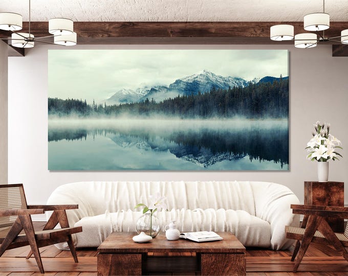 Lake Herbert Canvas Art - Foggy Morning Banff Wall Art, Glacial Mountain Artwork, Extra Large Canada Nature Canvas Art for Large Wall Decor