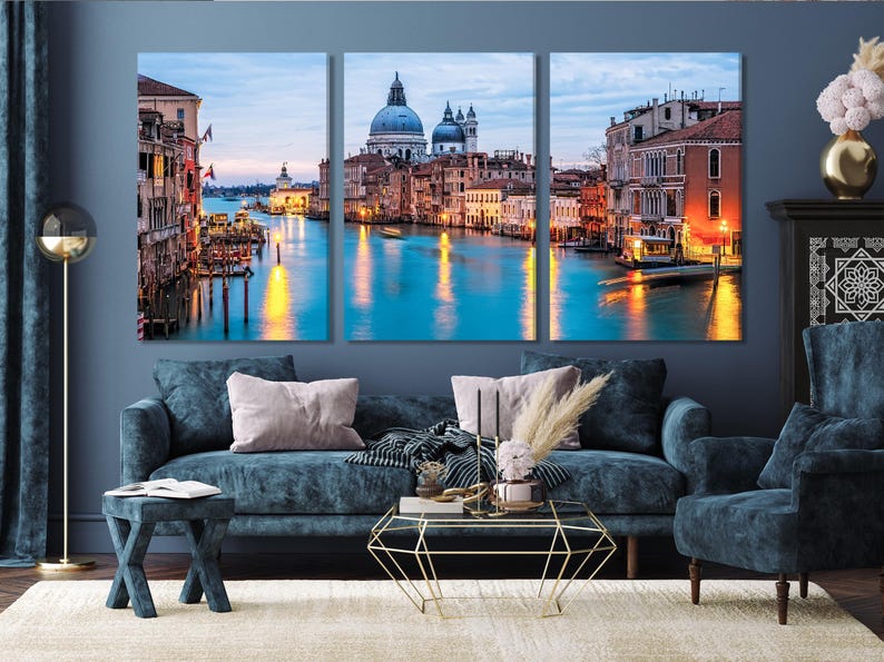 Three-panel Venice canal cityscape at dusk with teal water, warm lights and domed buildings