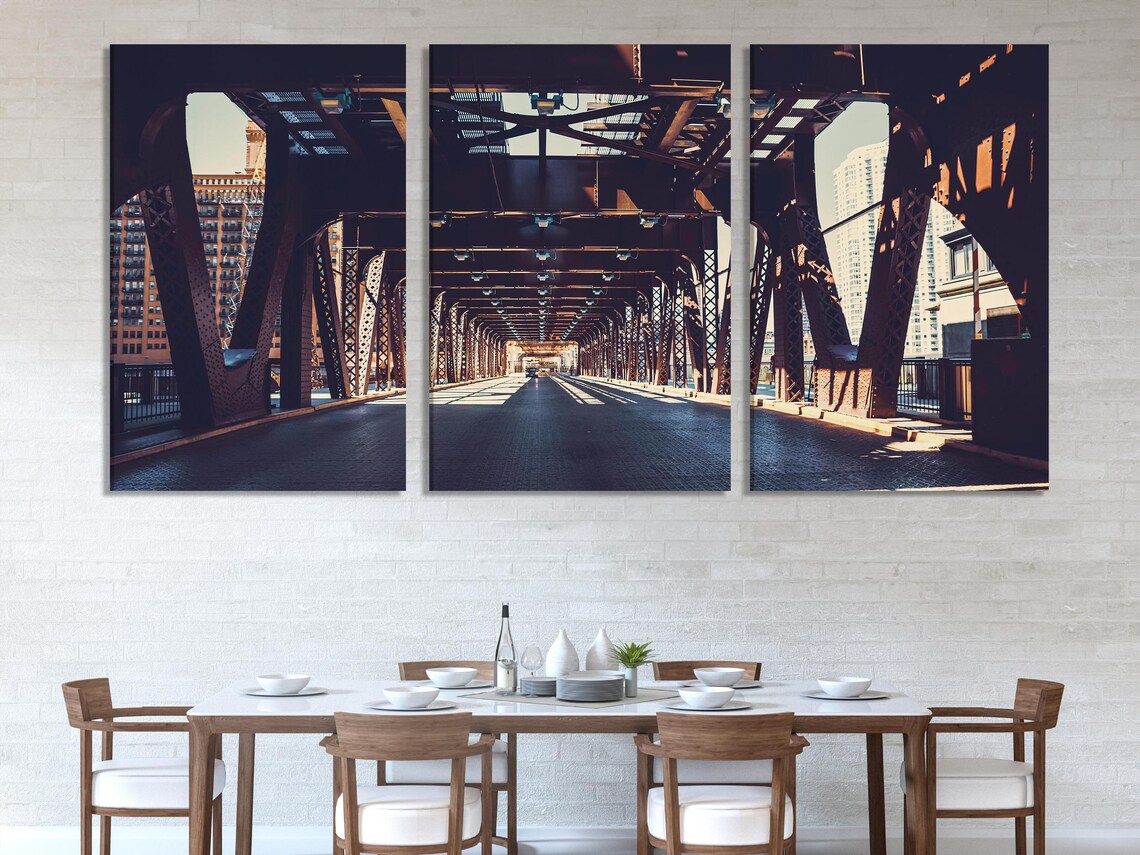 Multi-panel photo of an industrial steel bridge walkway with repeating beams and warm light, viewed in perspective detail view