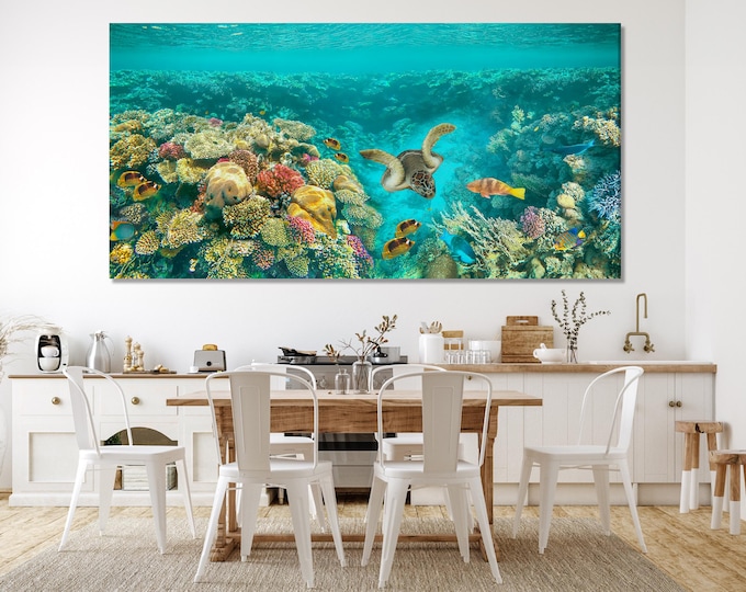 Underwater Coral Reef Canvas Print, Sea Turtle and Tropical Fish Wall Art, Large Ocean Landscape, Marine Life Decor, Vibrant Sea Artwork