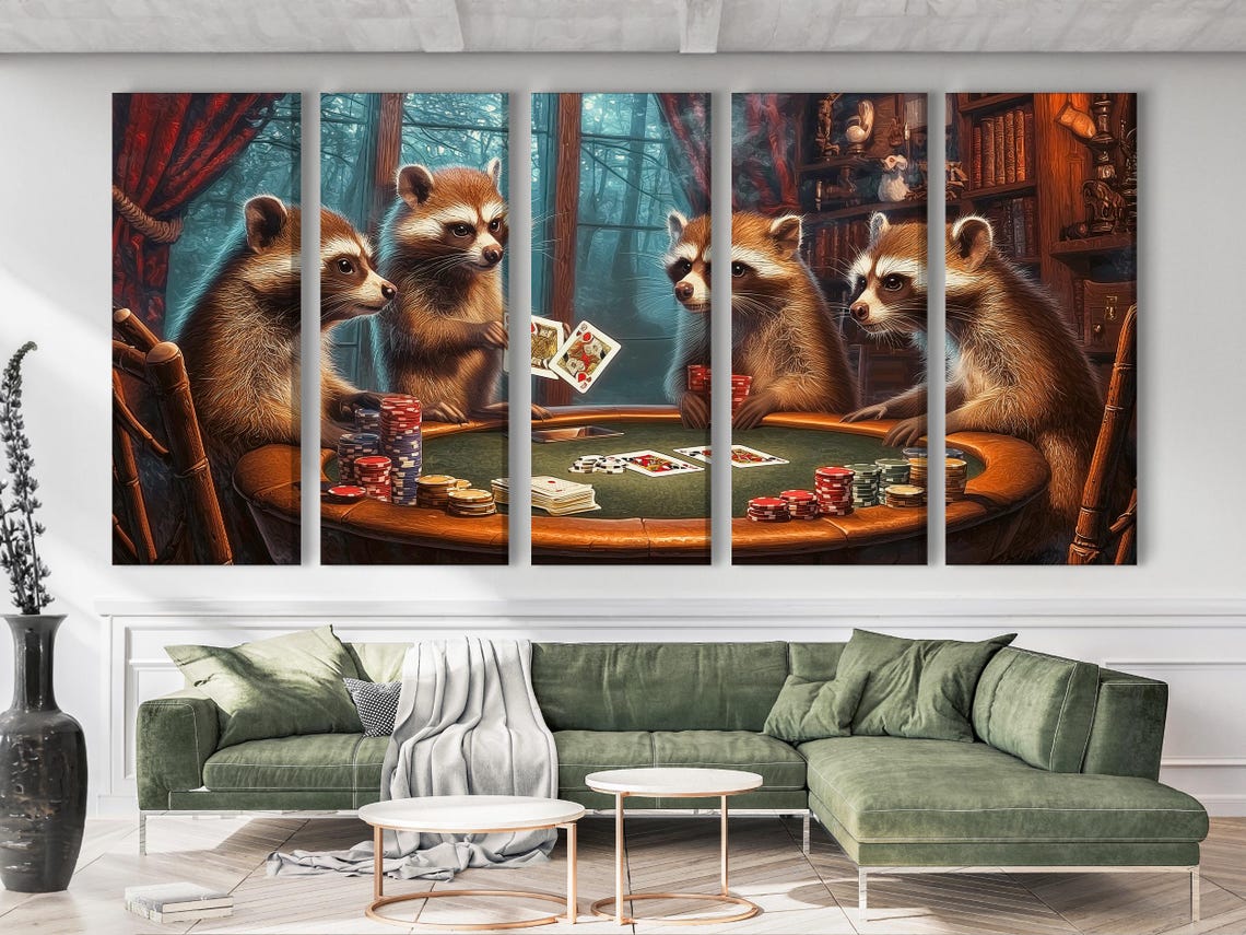 Three raccoons in a card-playing scene sit around a poker table, with window-like trees and warm timber tones in the background detail view
