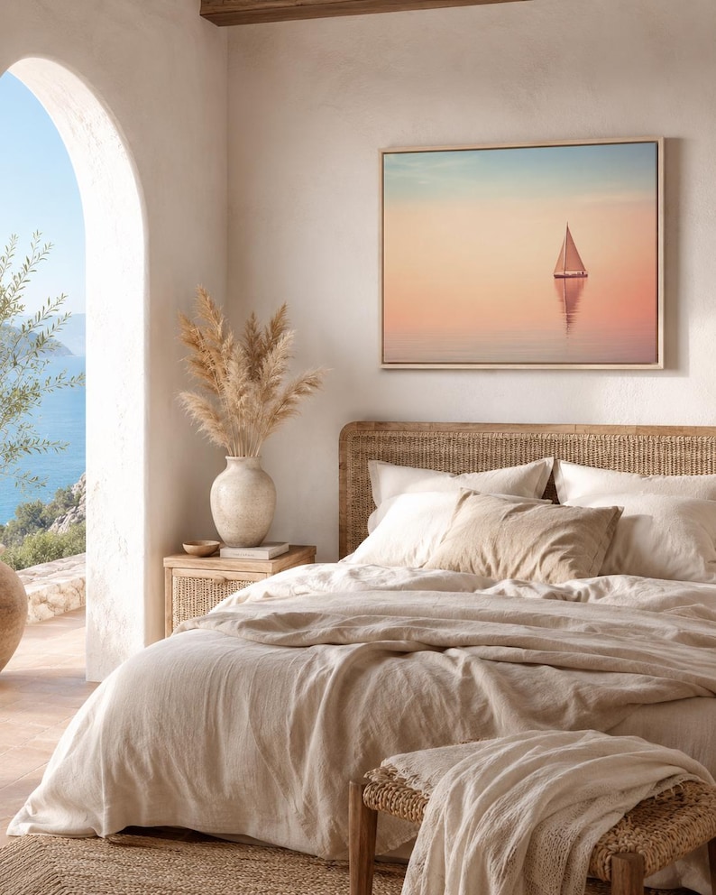 Pastel seascape showing a small sailboat with its reflection on calm water at dusk