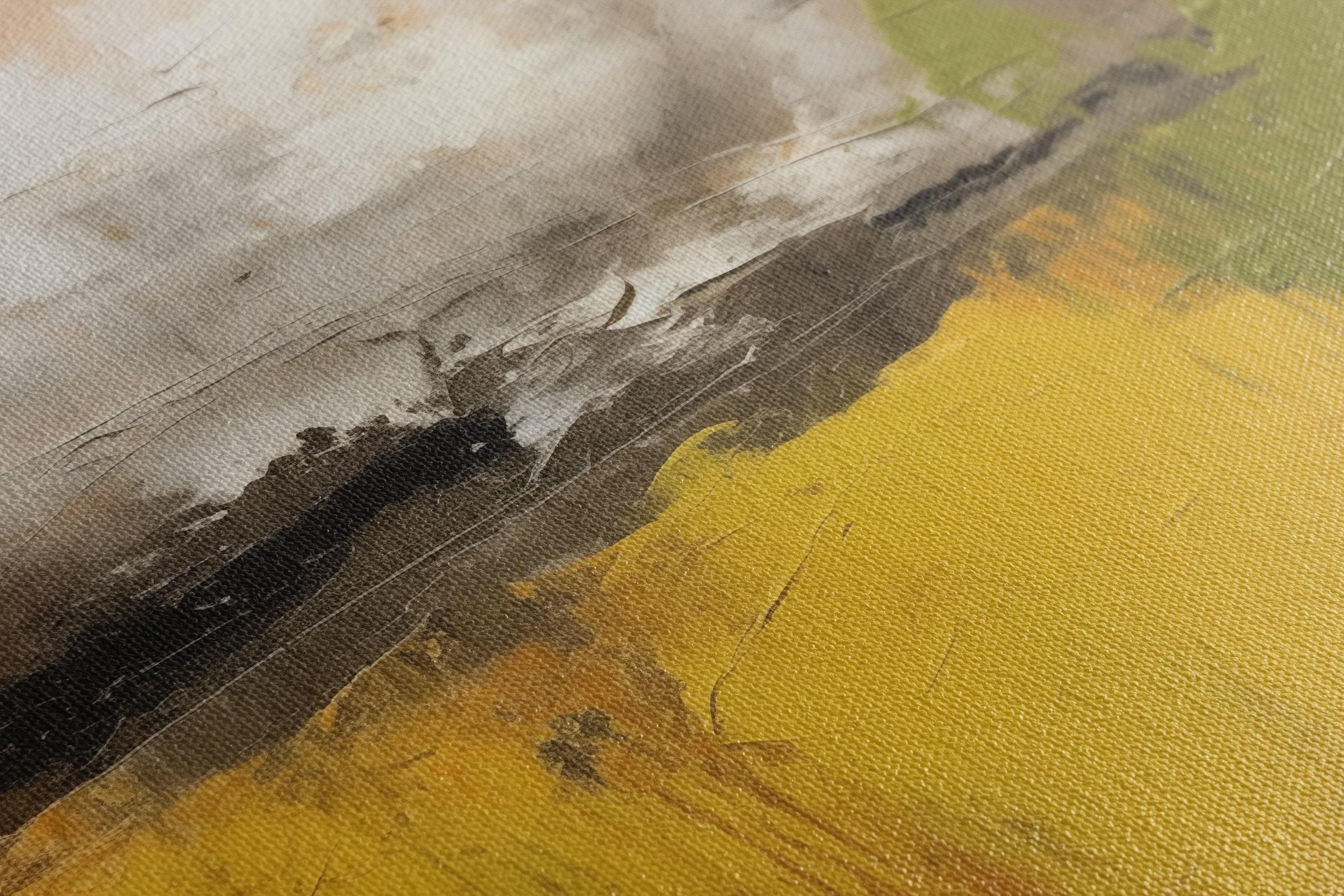 Abstract painting in mustard yellow, olive green, cream and dark charcoal with textured brush marks detail view