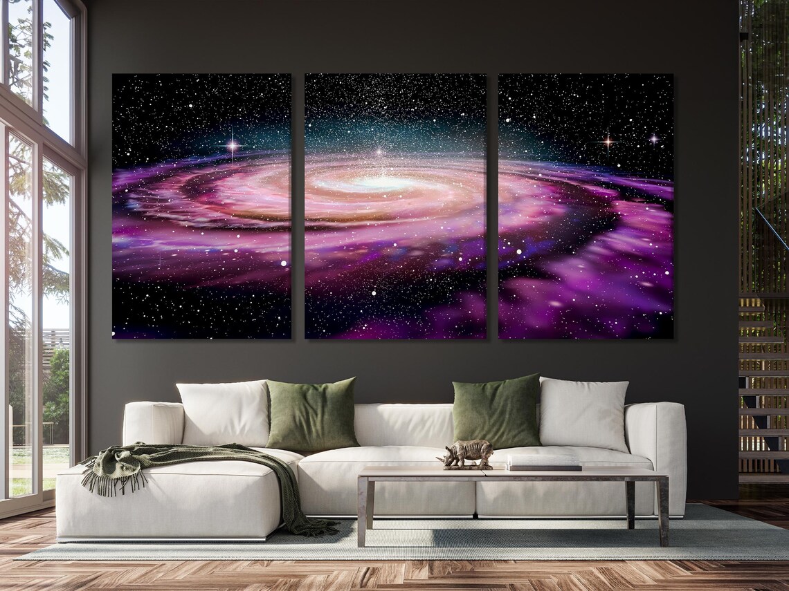 Room mockup showing a sofa and wall display with a purple starry space artwork across five panels