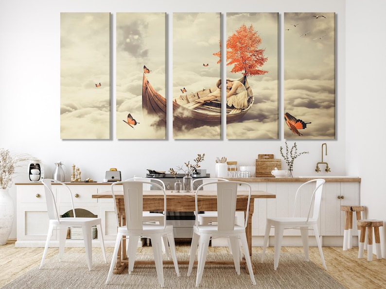 Surreal cloud scene with a floating boat, a reclining woman, a red-orange tree, orange butterflies and birds