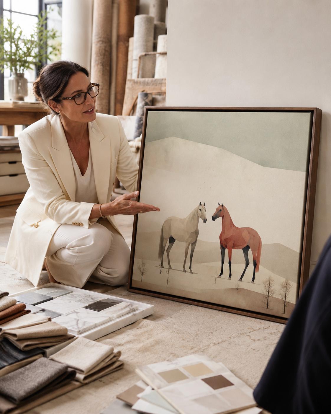 People holding wine near a framed minimalist desert horse artwork on a wall