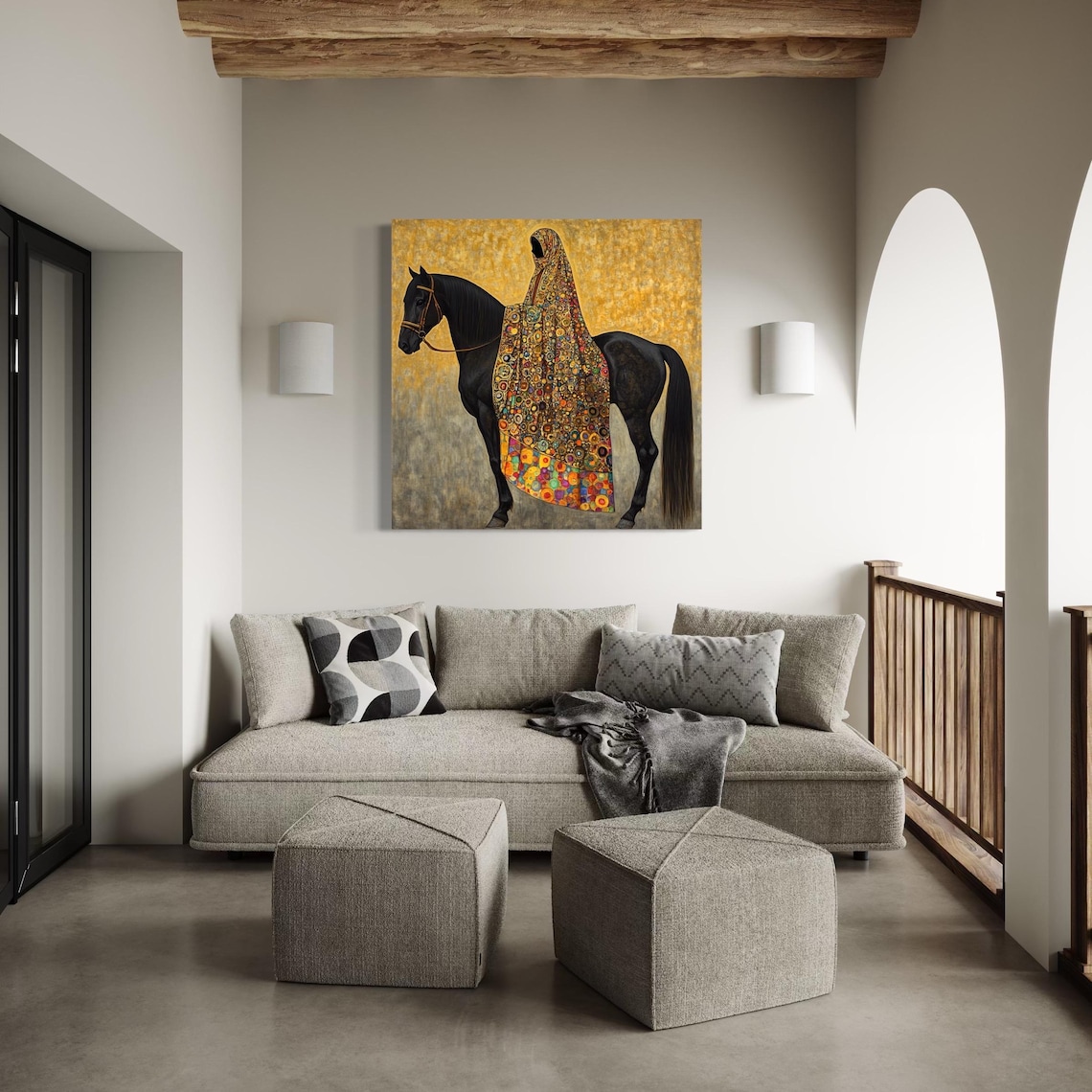 Stylised black horse portrait with a hooded figure and a bright patterned robe against a gold mottled background detail view