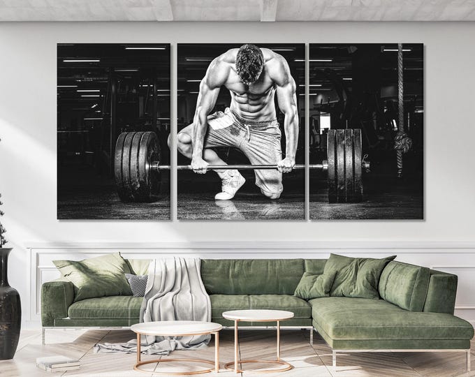 Modern Gym Wall Art - Gym Wall Decor, Powerlifting Artwork, Crossfit Poster, Fitness Canvas Print, Muscular Man Art, Weightlifting Art Print