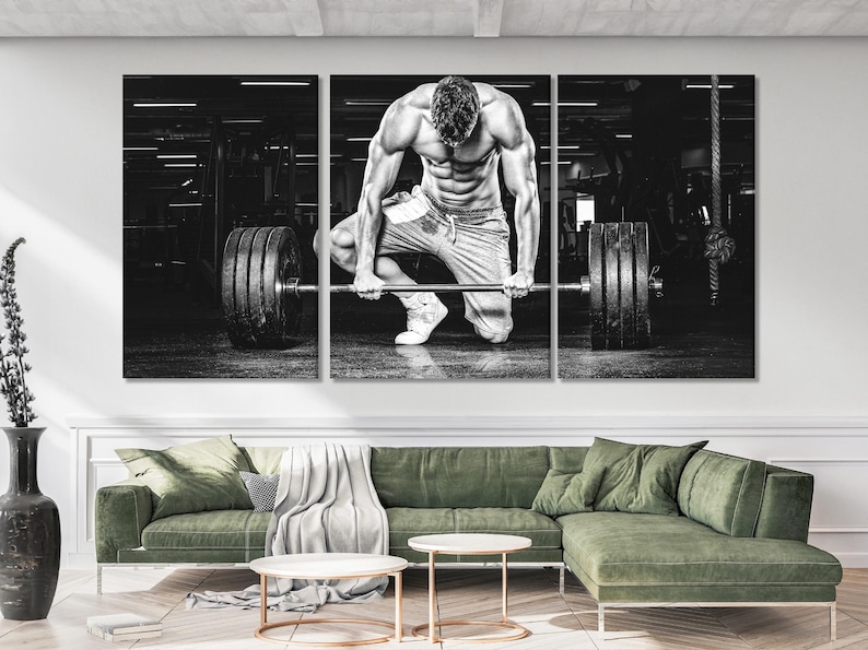Black-and-white triptych showing a muscular lifter gripping a barbell in a gym