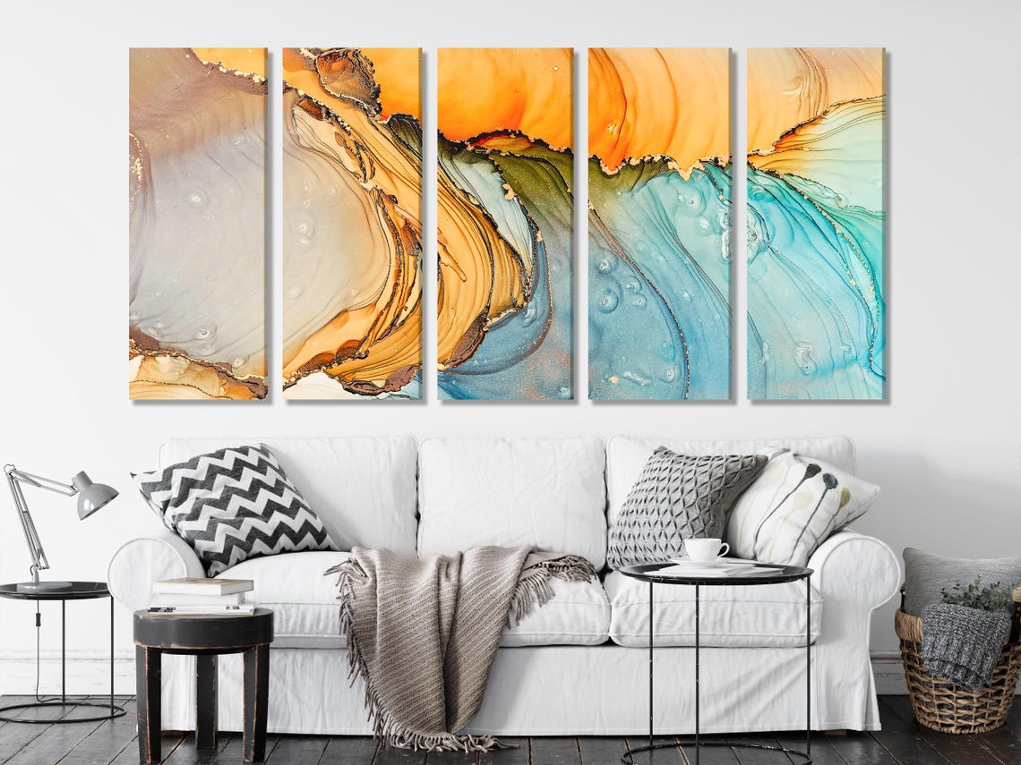Three-panel abstract geode-inspired artwork shows swirling mineral-like bands in warm beige and orange transitioning into teal and blue detail view