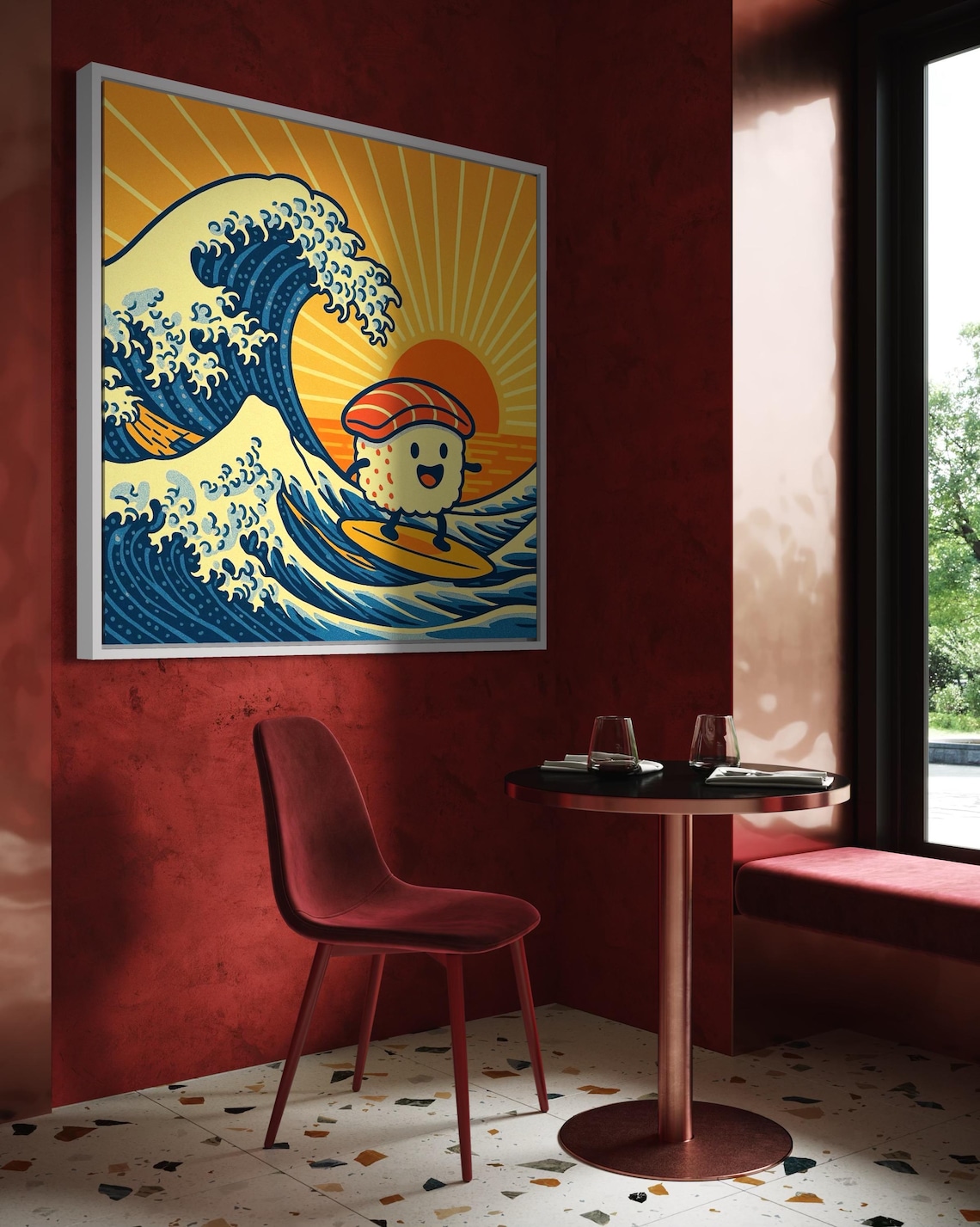 Artwork above a round table in a room setting