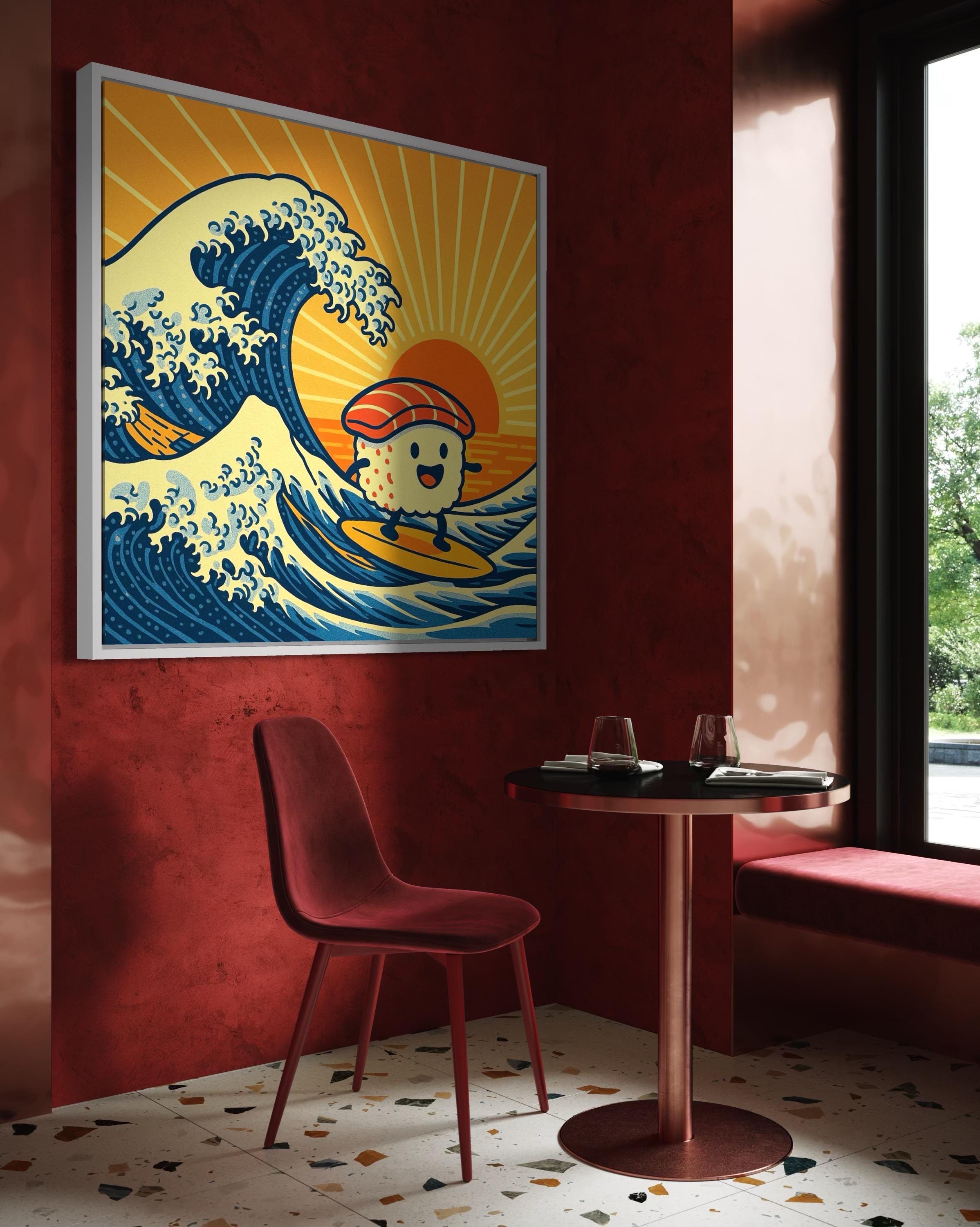 Artwork above a round table in a room setting