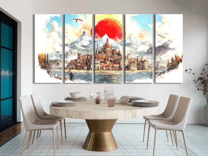 Multi-panel fantasy mountain cityscape with a red sun and snowy peaks
