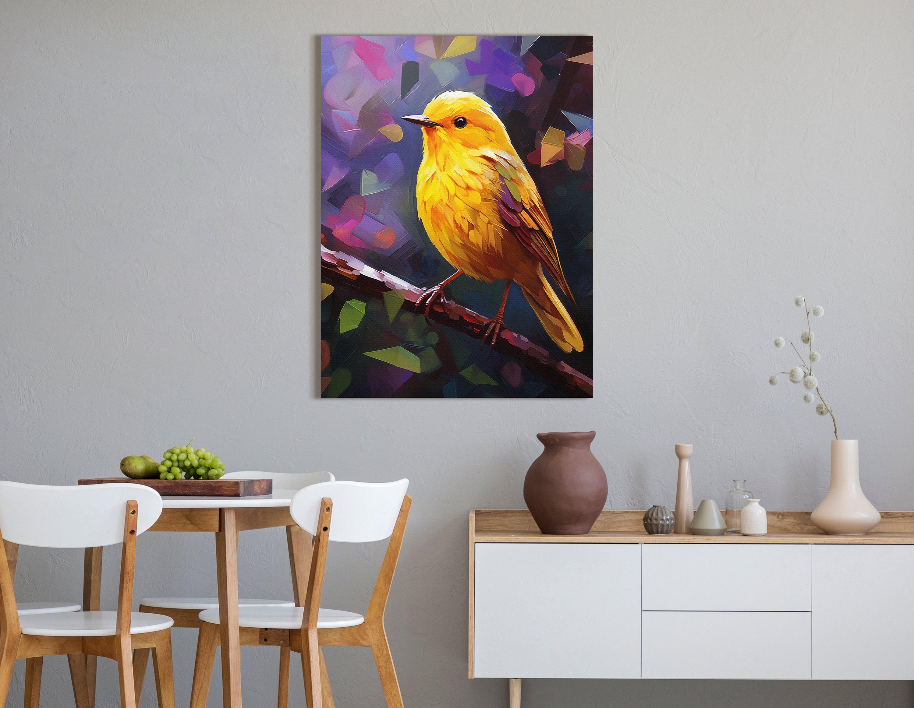 Stylised yellow and orange bird portrait with layered feathers on a purple and pink geometric background detail view