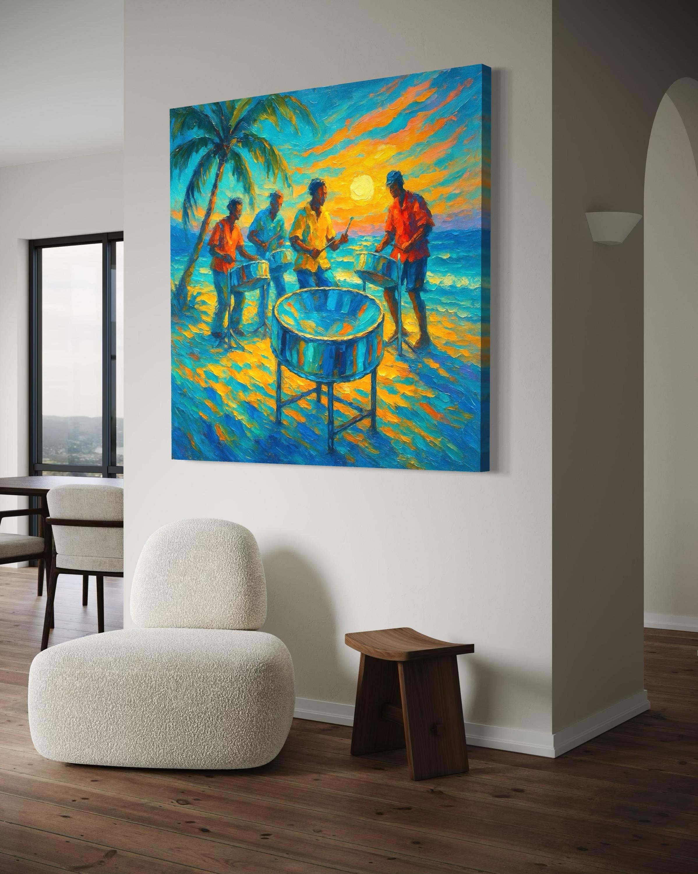 Room mockup showing a square painting of musicians playing a steel drum above a sofa